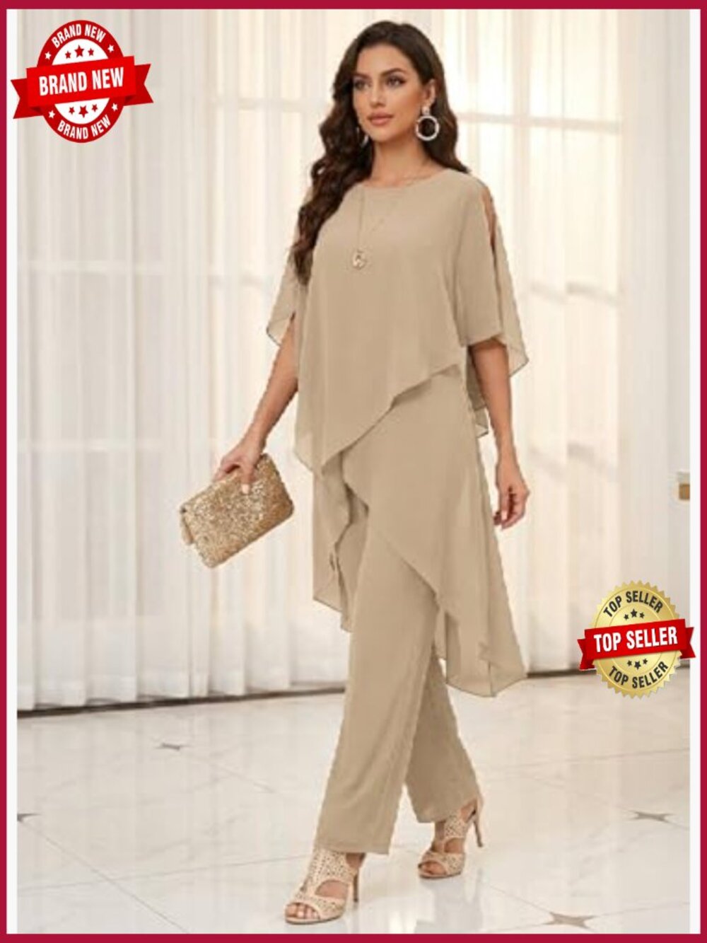 Mother of Bride Chiffon Pants Suit 2 Piece Dressy Formal Evening Outfit - Picture 2 of 7